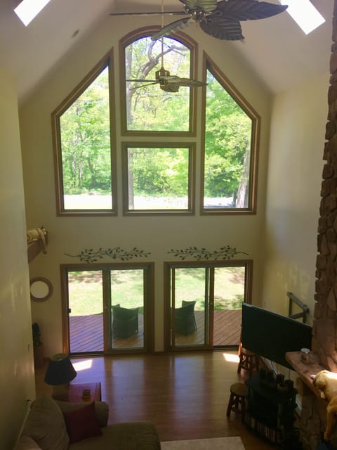 Inside looking down from balcony. Vaulted ceiling 26ft