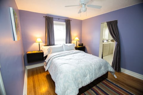 Bedroom two has a comfty queen-sized bed and lots of storage