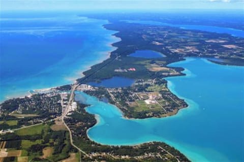 Sky view of Elk Rapids, Lake Mi, Elk Lake and Torch Lake

