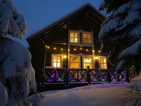 The chalet at night in winter.

Le chalet de nuit en hiver.