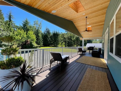 Covered deck with skylights, fan, furniture, and pellet grill.
