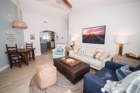 View to kitchen; dining table seats at least four comfortably