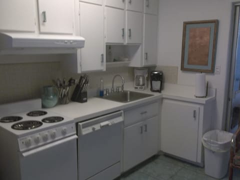 Kitchen is well equipped with dishes and appliances

