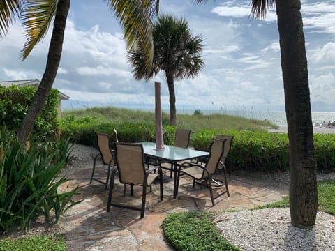 Outdoor dining area with a view
