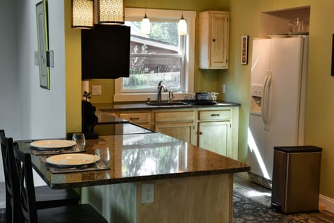 Nicely appointed kitchen with the basics. Coffee/tea provided, but BYO food.