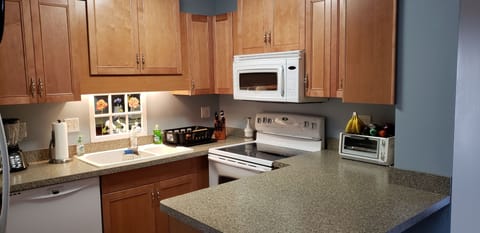 Kitchen, complete with electric stove, toaster oven, & toaster (unseen here).