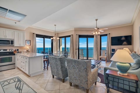Open Plan Living Area with floor to ceiling windows, a queen size sleeper sofa overlooking the Gulf of Mexico