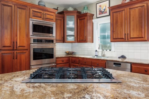 Six burner gas cook top with telescopic fan.  Whisper-quiet Bosch dishwasher.