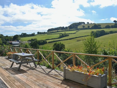 Large enclosed patio with garden furniture | The Shed with a View, Cadbury, near Crediton