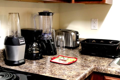 Fully stocked kitchen with electric stove, stainless steel refrigerator, dishwasher, ninja bullet, microwave, toaster, blender, coffee maker etc.