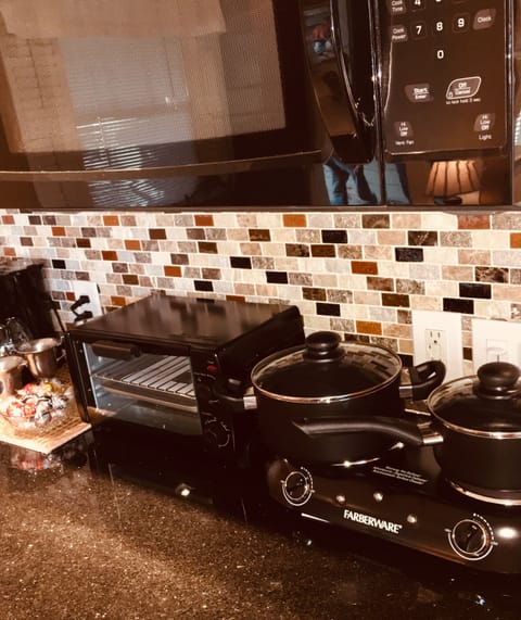 New toaster oven, pots, and hot plates