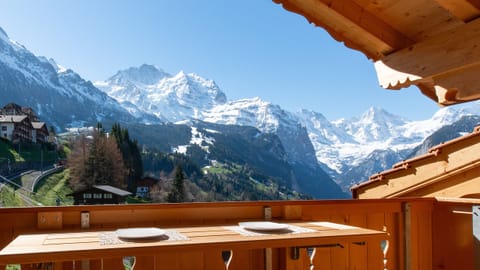 South balcony of our Chalet Aberot Penthouse in Wengen. Beautiful views from this holiday home.