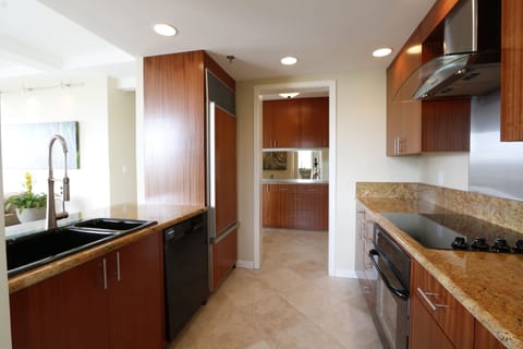 Kitchen showing subzero, convection oven, granite tops, dishwasher, cook top