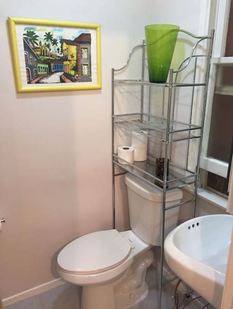 The bathroom is small, but functional.