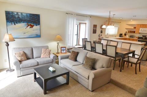 Living Room - Recently remodeled kitchen, living room, and dining room area. The dining room will easily seat all of the guests and the kitchen is fully equipped. The living room has two new sofas and one is a sleeper sofa.