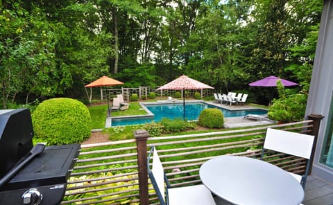 Propane BBQ, Cafe Table Deck Heated Pool, Gardens