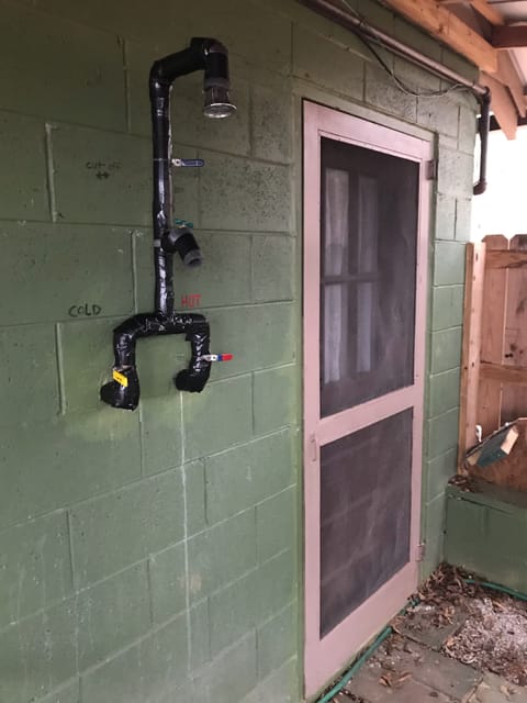 Outdoor shower with fence & shower curtains for privacy