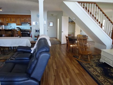Great Room from porch. Note Central column. Small table can serve as desk. 