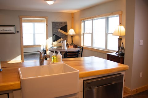 farm sink, custom pine countertop, dinning area, mudroom