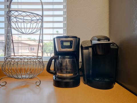 Keurig and original coffee maker. You just need to bring your own coffee.