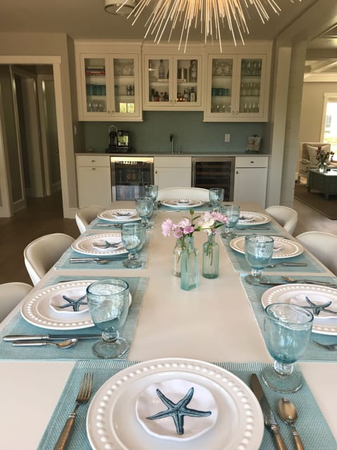 Dining table seats 8, but easily extends to accommodate 10