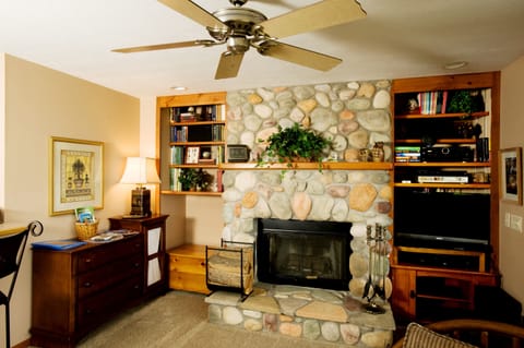 Wood burning fireplace in family room.