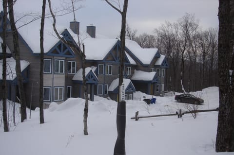 View of condo building & private parking lot from the Grammy Jay trail (on skis)