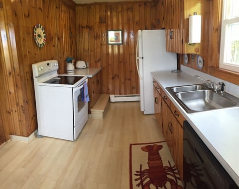 Kitchen features dishwasher, fridge with ice maker, stove and microwave