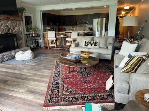 Wood fireplace and seating - kitchen area