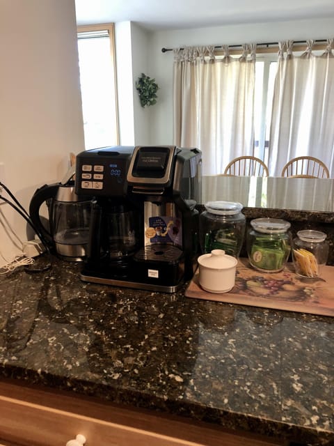 Coffee Bar on granite counter, Keurig, tea, drip coffee.