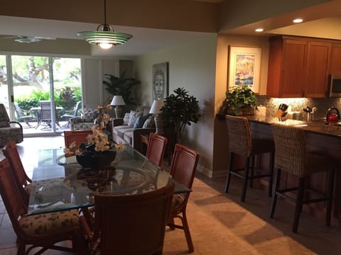 Living room easily seats 6 people. Living room sofa is a queen pull out bed.