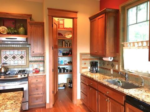 Pantry with appliances, spices, flour, sugar, Ninja, Cuisinart, dutch oven...