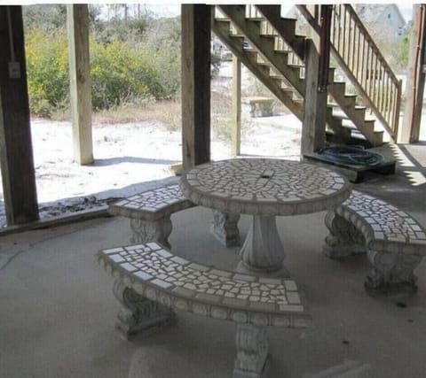 Picnic table and area under the house. 