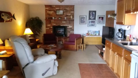 Great room, electric fireplace, flat screen tv and kitchen line