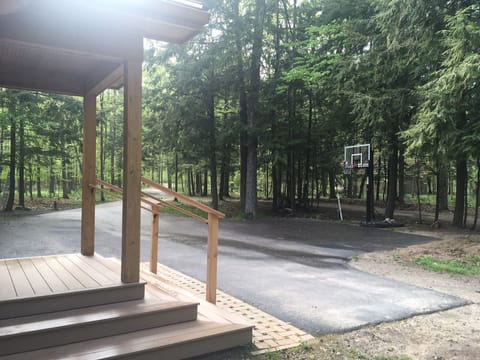 View of driveway and basketball hoop