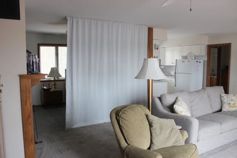 Privacy curtain separating queen bed from living room