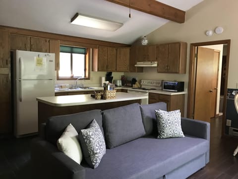 Theres a sleeper sofa in the livingroom