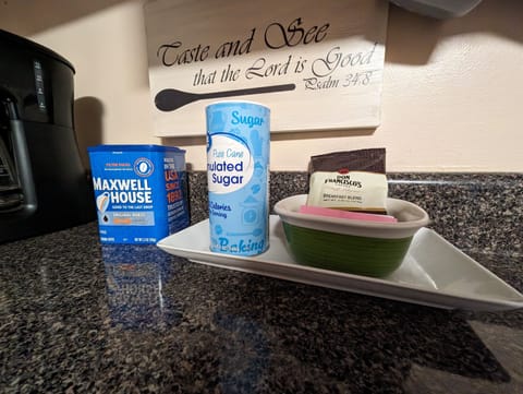 We provide regular coffee and sweetener.  Bring your favorite pods for Kureig.