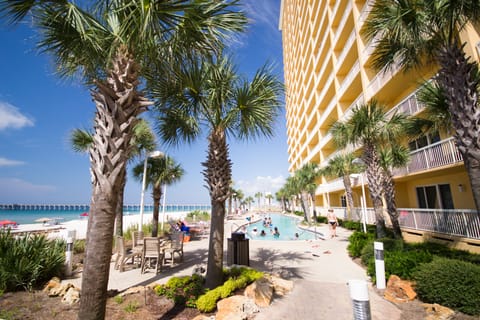 This 1BD condo is on the 14th floor overlooking the pools and beach!