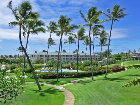 Lanai view with pool in front, and beach a short walk to the left