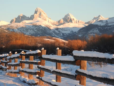 Spectacular view of the Tetons from front of 10 acre property. Quiet & secluded