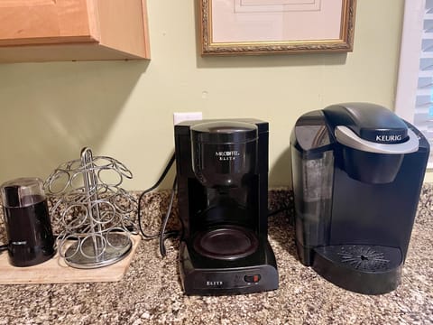 Our kitchen has a Keurig, drip coffee maker/self filter, and coffee bean grinder