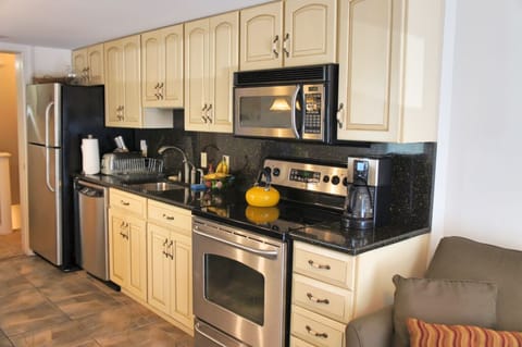 The well-stocked kitchenette includes a dishwasher and other conveniences.