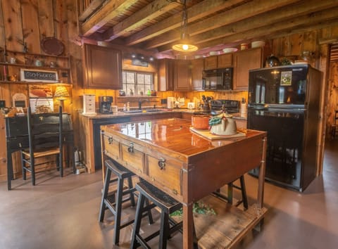 The chicken incubator island and a view of the kitchen