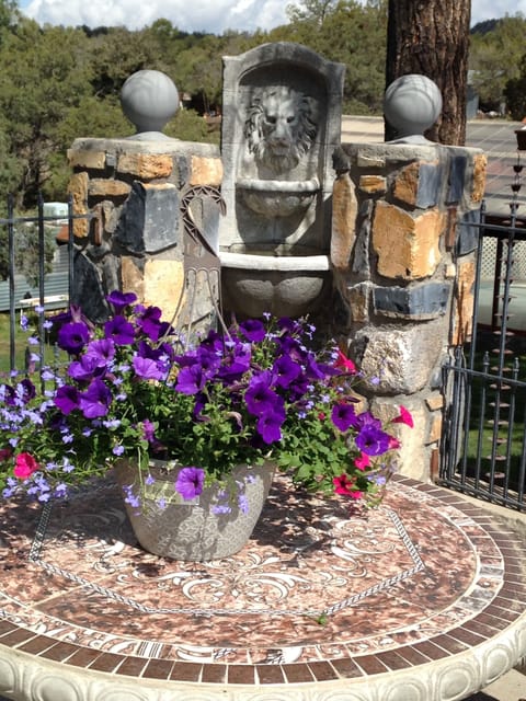 Eat at patio table by water feature