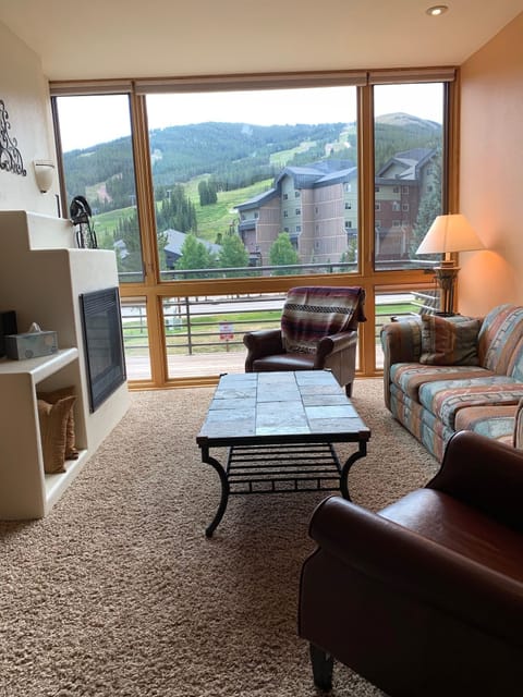 view of ski slopes from living area. 