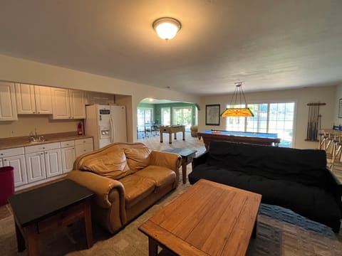 Basement living room area with TV, loveseat and queen futon.
