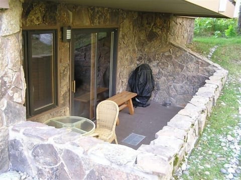Private patio with over head weather protection and gas grill