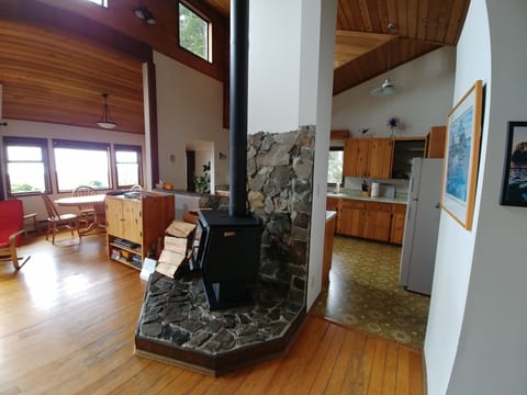 Fireplace with kitchen behind