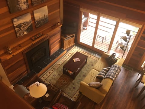Comfy living room with views of Buffalo Mountain and a new gas fireplace.